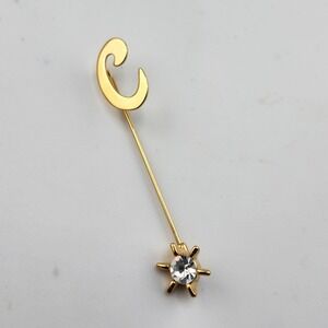 Gold Tone Initial C Lapel Pin with Clear Rhinestone‎ Starburst Accent Stick Pin